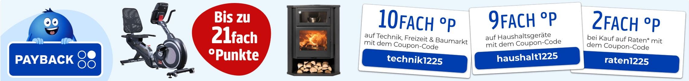 Bis zu 21-fach Punkte – Payback Logo, Heimtrainer, Kaminofen, 10-fach Punkte mit Coupon-Code technik1225, 9-fach Punkte haushalt1225, 2-fach Punkte raten1225