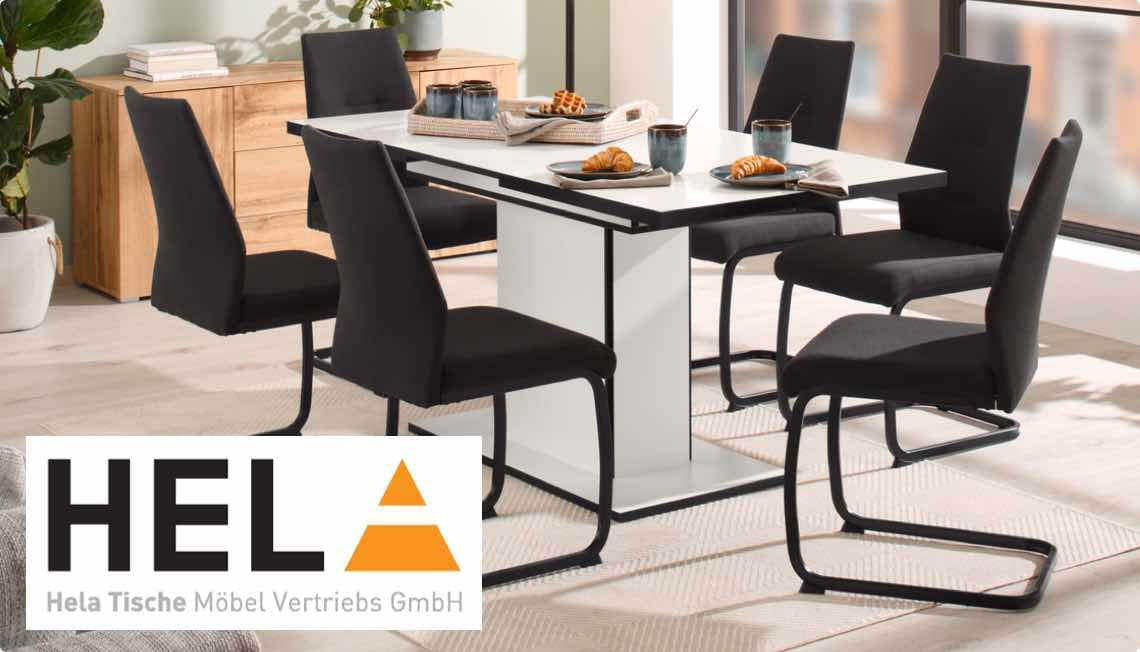 Hela Tische Möbel Vertriebs GmbH – Essgruppe mit sechs schwarzen Stühlen und weißem Tisch, gedeckt mit Frühstück.