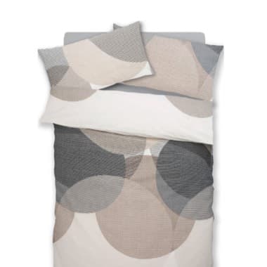 Bettwäsche-Set mit grauen, beigen und weißen Kreisen auf Bett und Kissen