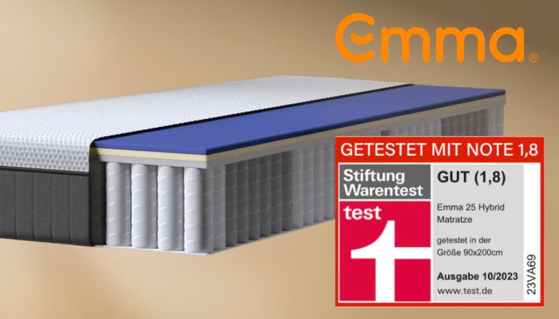 Getestet mit Note 1,8 – Stiftung Warentest, gut (1,8), Emma 25 Hybrid Matratze, 3D-Darstellung der Matratze