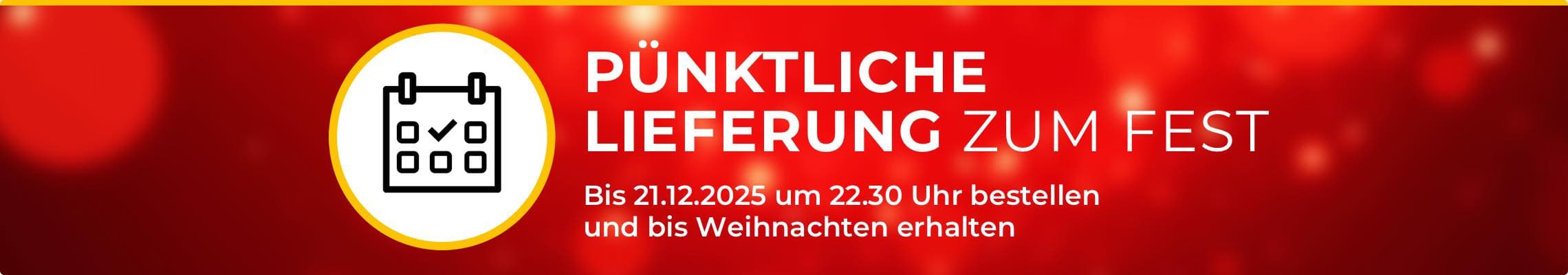 Pünktliche Lieferung zum Fest – Bis 21.12.2025 um 22:30 Uhr bestellen und bis Weihnachten erhalten. Icon eines Kalenders mit Häkchen.
