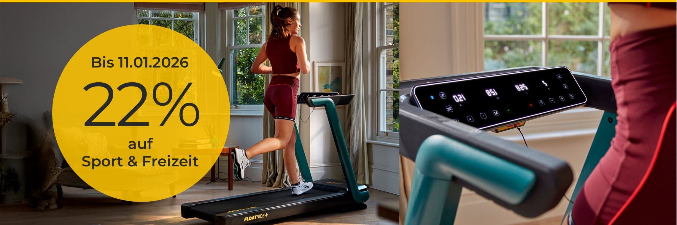 Bis 11.01.2026 22 % auf Sport & Freizeit – Frau joggt auf Laufband in hellem Raum.