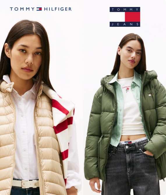 Tommy Hilfiger und Tommy Jeans – Frauen in beigefarbener und grüner Daunenjacke vor weißem Hintergrund.