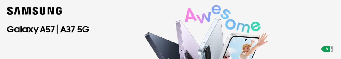 Samsung Galaxy A57 und A37 5G – mehrere Smartphones fächerförmig angeordnet, darüber bunte Schrift „Awesome“