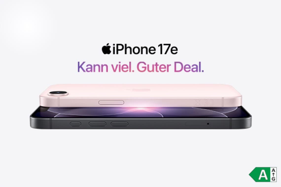 Kann viel. Guter Deal. – iPhone 17e, zwei flache Smartphones übereinander vor hellem Hintergrund