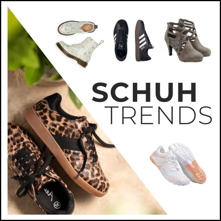 Schuh Trends – verschiedene Schuhe, darunter Sneakers mit Leopardenmuster und weiße Sportschuhe